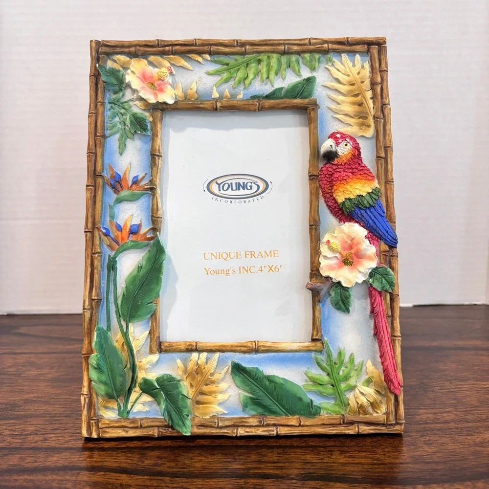 Tropical Parrot Photo Frame 4x6 Macaw Hibiscus Faux Bamboo Coastal Island Décor